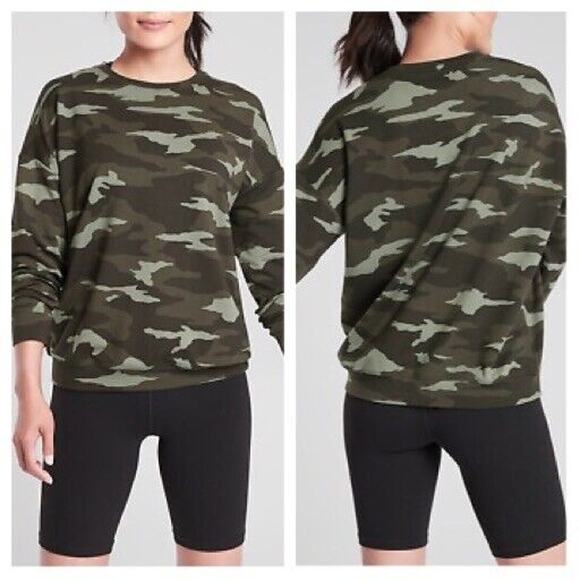 ATHLETA Studio to Street Camo Sweatshirt Top Olive Workout Sweatshirt size S - Picture 1 of 9